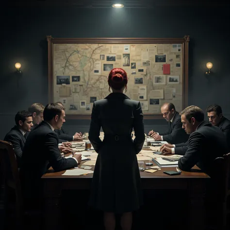 "A dimly lit investigation room with a large wooden table covered in documents, maps, and case files. A woman with striking red hair, tied in a neat bun, stands at the head of the table, facing a group of serious-looking men in suits. The men are seated, d...