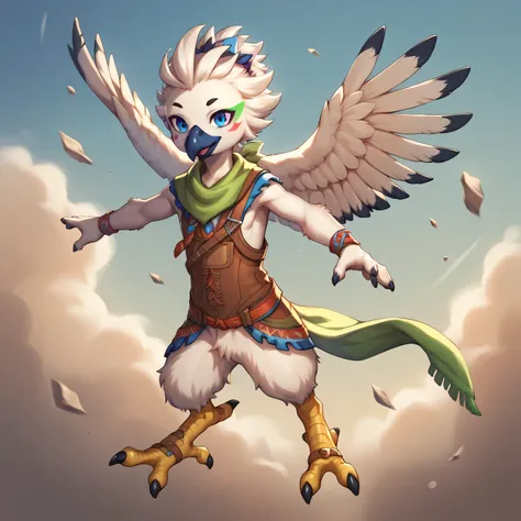 masterpiece, best quality, highly detailed, detailed eyes, detailed face, detailed skin, score_9, score_8_up, score_7_up, full body shot, 1boy, anthro, solo by bonifasko,  tulin, portrait, outside, sky, smiling, hands, talons, animal nose, blue eyes, cool,...