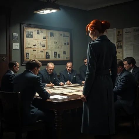 "A dimly lit investigation room with a large wooden table covered in documents, maps, and case files. A woman with striking red hair, tied in a neat bun, stands at the head of the table, facing a group of serious-looking men in suits. The men are seated, d...