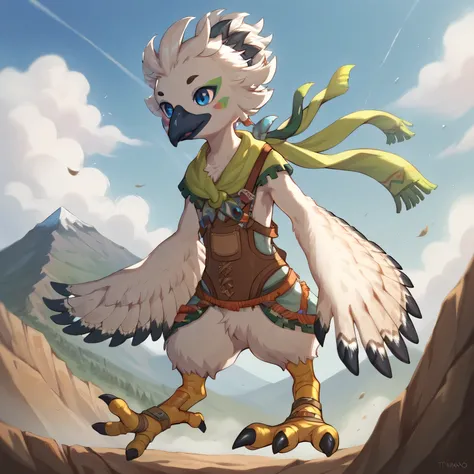 masterpiece, best quality, highly detailed, detailed eyes, detailed face, detailed skin, score_9, score_8_up, score_7_up, full body shot, 1boy, anthro, solo by bonifasko, tulin, portrait, outside, sky, smiling, hands, talons, animal nose, blue eyes, cool, ...