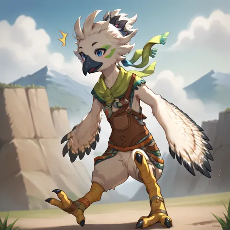 masterpiece, best quality, highly detailed, detailed eyes, detailed face, detailed skin, score_9, score_8_up, score_7_up, full body shot, 1boy, solo, anthro, tulin, portrait, outside, sky, looking at viewer, surprised, hands, talons, animal nose, blue eyes...