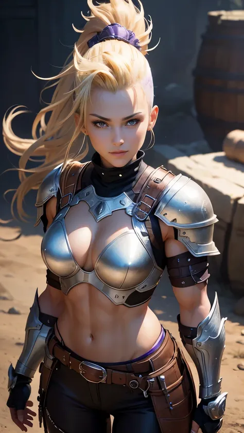 Photorealistic, High resolution, Soft light,1womanl, Solo, Muscular and macho body, (Detailed face),Blonde Mohawk, Black and brown pants and foot armor, Black and brown chest armor, shining purple eyes　enticing　超A high resolution　super precision　Confident ...