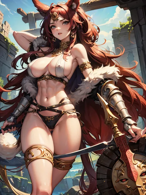 Topless woman、barbarian woman、Barbarian woman、Holding a large sword、Fur thong underwear、Armor made from animal bones、Big Breasts、 Slim waist、toned abs