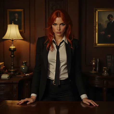 ""A dimly lit, vintage office with wooden furniture, warm lighting, and an old-fashioned desk. A confident red-haired woman with striking features stands behind the desk, leaning slightly forward with her hands on the surface. She wears a white button-up s...