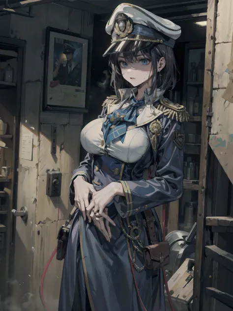 earring, large breasts, short hair, black hair, sexy, erotic, seductive, Sensual, adult body, sweat, cowboy shot, naval officer in a pristine navy blue uniform, epaulettes, peaked cap, crisp and clean,