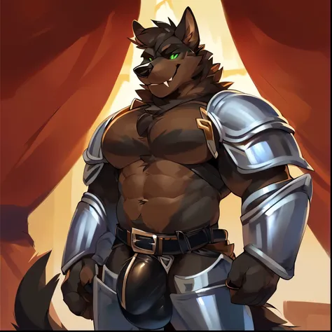 Solo, anthro, male (((dire wolf, black sclera, green eyes, slit pupils, muscular, big pecs, abs, black body, black fur, light brown fur, ear tuft, cheek tuft, brown facial markings, pointy ears, fangs, tail, multicolored fur, multicolored body, black tunic...