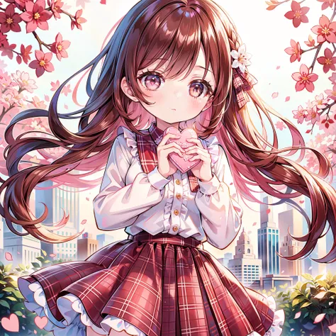 1girl , top quality、 greatest masterpiece in history、 pink and brown plaid dress、St. Valentine's Day