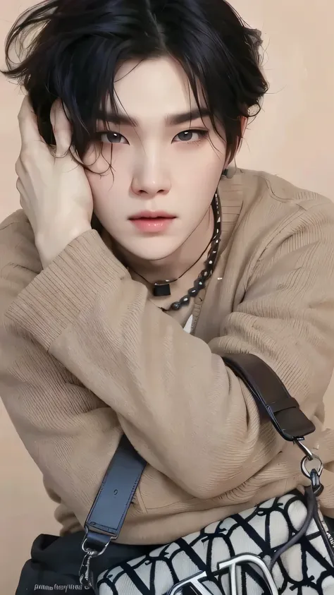 Image of black haired yoongi, young pale angel, innocent look, Suga BTS, chico bts, pale korean adorable face, taken in the early 2020s, has a cute look, key still, ten reads, kpop idol suga, Min Yoongi, Yoongi's way bts. Realistic hyper realistic real...