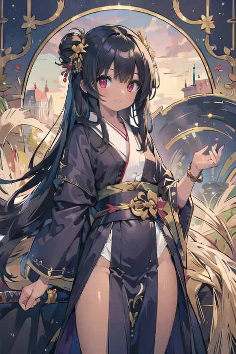(masterpiece), upper body, 1 girl, Adventurer clear Shiny black hair wheat-colored skin brown skin black robe kimono stupid hair Noble Long Hair scrapes up the hair red eyes in a purple dress staring at the viewer smile Lecturing at the Belt Sword Fan...