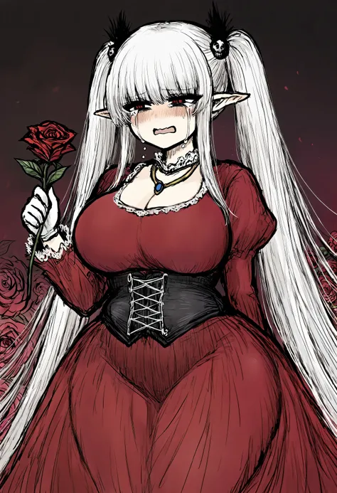 (masterpiece), best quality, 1girl, perfect face,curvy body,(cute face),some flower,vampire girl,goth lolita,curvy body,chubby waist,big round breasts,thick thighs,wide hips,pointy ears,white hair,hair very long twins tails,arrogant expression,hair black o...