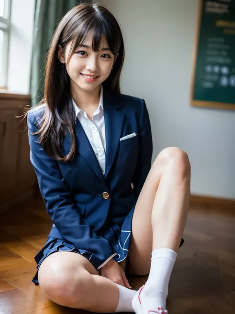 (Best quality, Masterpiece, Ultra High Resolution, (Photorealistic:1.4), Raw Photo, depth of field, professional lighting, perfect anatomy, extremely details), 1girl, 15-years-old, the most famous Japanese idol, (wearing the most photorealistic school unif...