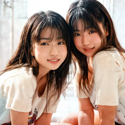 “A hyper-detailed, high-resolution digital portrait of Japanese identical twin sisters posing in a professional photo studio with a pure white backdrop. Dressed in matching crisp white T-shirts and light-washed denim jeans, their natural beauty shines thro...