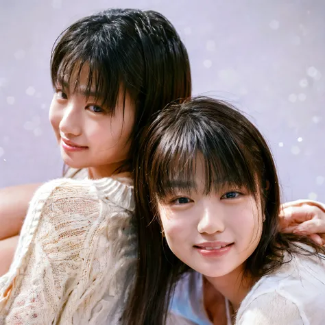 “A hyper-detailed, high-resolution digital portrait of Japanese identical twin sisters posing in a professional photo studio with a pure white backdrop. Dressed in matching crisp white T-shirts and light-washed denim jeans, their natural beauty shines thro...