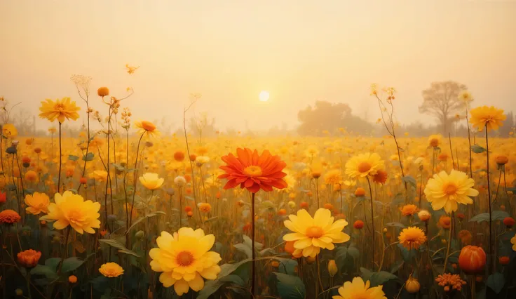 A sprawling field of golden yellow flowers under a pastel sunset sky, with a vivid red flower in the middle glowing brightly, the petals of all flowers gently illuminated as if radiating inner light, slight mist above the field adding softness, cinematic c...