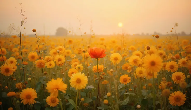 A sprawling field of golden yellow flowers under a pastel sunset sky, with a vivid red flower in the middle glowing brightly, the petals of all flowers gently illuminated as if radiating inner light, slight mist above the field adding softness, cinematic c...