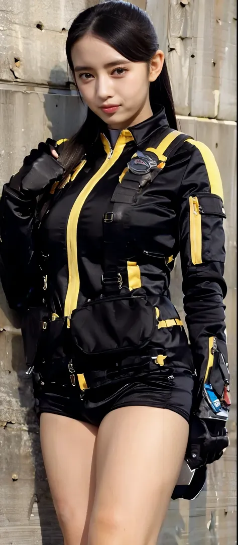 (  is very realistic), ( top quality), ((round,   SMALL AND PRECISE FACE  )),black gloves,wristwatch,black eyes,short shorts,black shorts, boots, gloves,jacket,shorts, black hair ,Big Breasts, Big Breasts, Adult Female , Her breasts are so big and plump   ...