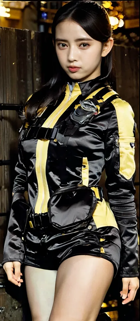 (  is very realistic), ( top quality), ((round,   SMALL AND PRECISE FACE  )),black gloves,wristwatch,black eyes,short shorts,black shorts, boots, gloves,jacket,shorts, black hair ,Big Breasts, Big Breasts, Adult Female , Her breasts are so big and plump   ...