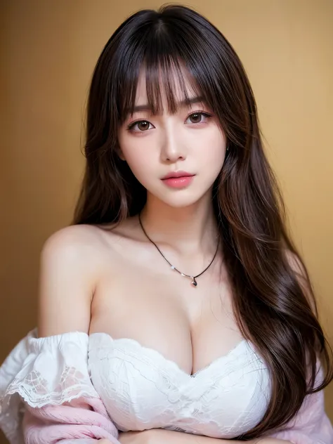 Canon RF85mm f/1.2,masterpiece,best quality,ultra highres,vc,1 girl,(korean mixed,kpop idol:1.2),solo,white_shiny_skin,black eyes,necklace,((brown_long_wavy_hair)),((pink_shiny_lips)),eyelashes,bangs,aface,make-up,shiny,Pore,skin texture,bracelet,offshould...