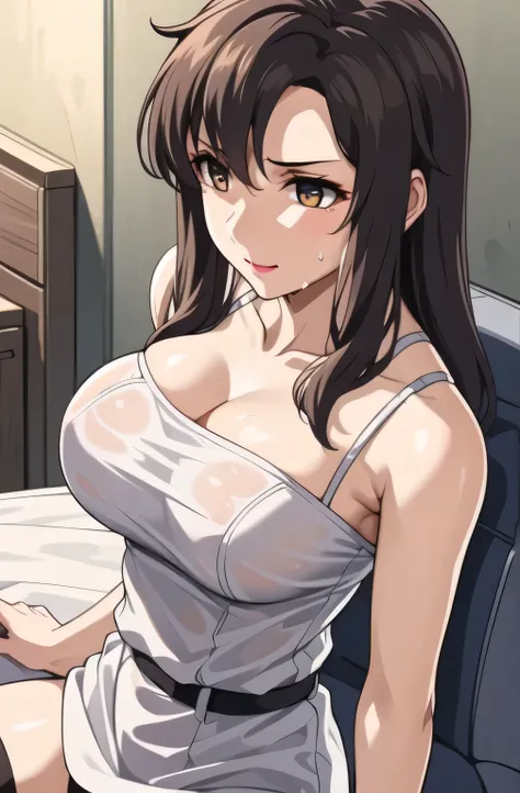 my black bra is wet and see-through，I want to see my sharp nipples，I also want to see garter belts and double stocking，can I draw a sleeveless white knit shirt，Please draw the facial expressions on her face in an even more delicate and cute way，I also want...