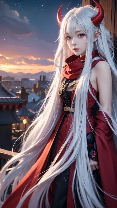 Anime girl with long white hair and horned red cloak, anime style 4 k, Detailed Digital Anime Art, Anime art wallpaper 8k, anime art wallpaper 4k, anime art wallpaper 4k, badass anime 8 K, 4k anime wallpaper, 8k high quality detailed art, anime wallpaper 4...