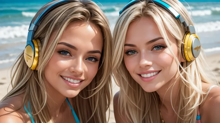 tropical beach on a sunny day. close-up. A brunette and a blonde in gold headphones are standing on the beach.  happy smiles . look at the camera. multicolored bikini . 