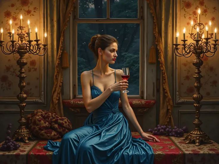 create a Renaissance-era artwork of a woman in a wet blue dress drinking a glass of wine and sitting in a window of a dark room illuminated with chandeliers