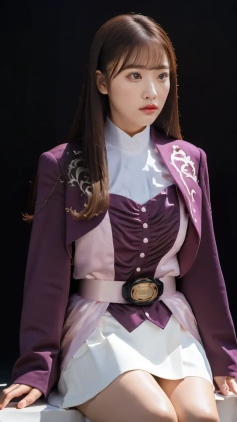 ( 高精細CG),( top quality ),((frontal view)),((Composition showing the upper body)),((black room background with no lights)),(( 1girl )), perfect face, shiny skin ,wide hips , thin waist, purple bolero jacket,((white skirt)), Long Sleeve , pink belt,((bro...