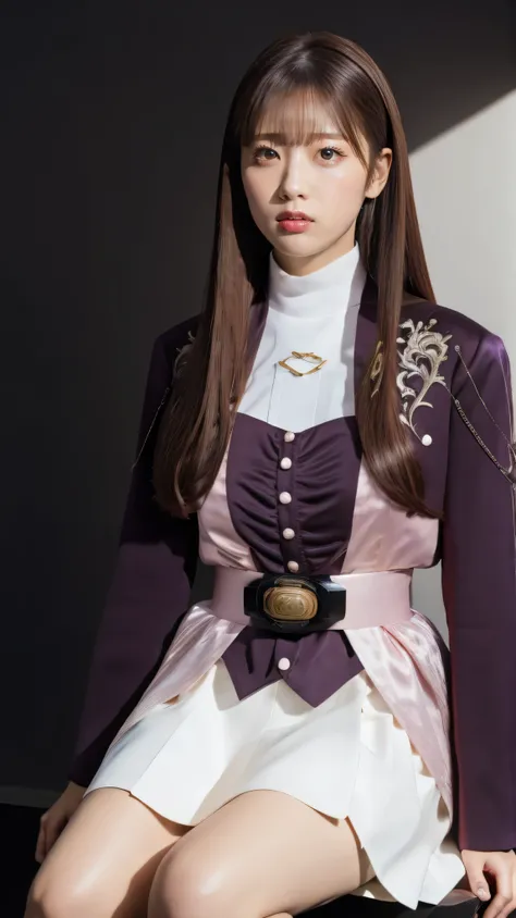 ( 高精細CG),( top quality ),((frontal view)),((Composition showing the upper body)),((black room background with no lights)),(( 1girl )), perfect face, shiny skin ,wide hips , thin waist, purple bolero jacket,((white skirt)), Long Sleeve , pink belt,((bro...