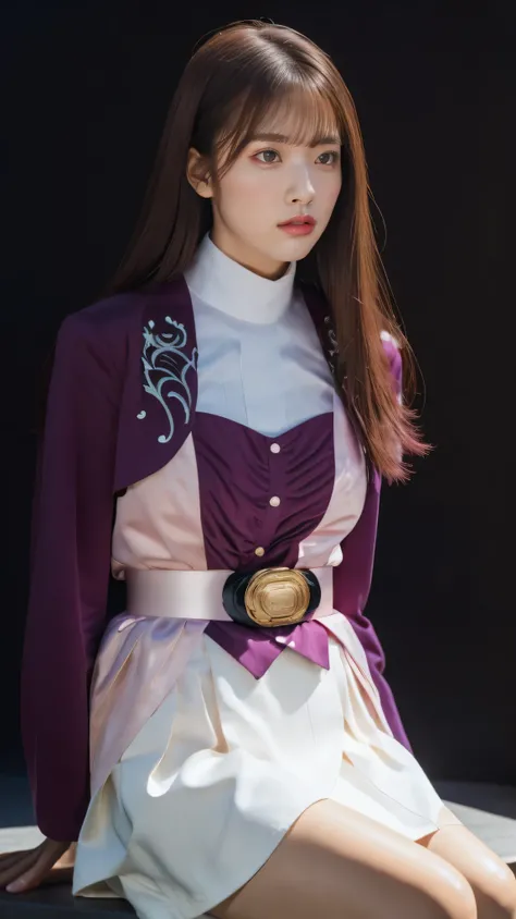( 高精細CG),( top quality ),((frontal view)),((Composition showing the upper body)),((black room background with no lights)),(( 1girl )), perfect face, shiny skin ,wide hips , thin waist, purple bolero jacket,((white skirt)), Long Sleeve , pink belt,((bro...