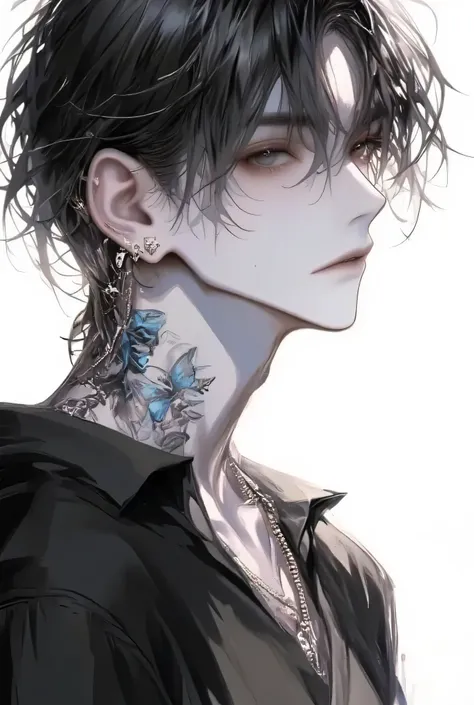  male、HOME” TATTO、white background、full body, Short Hair、anime style, movie portrait photo,  1 male,  (hair is black),  gray eyes,  (natural skin texture  vivid details , Surreal, (Realistic detailed eyes, natural skin texture, realistic facial details), s...