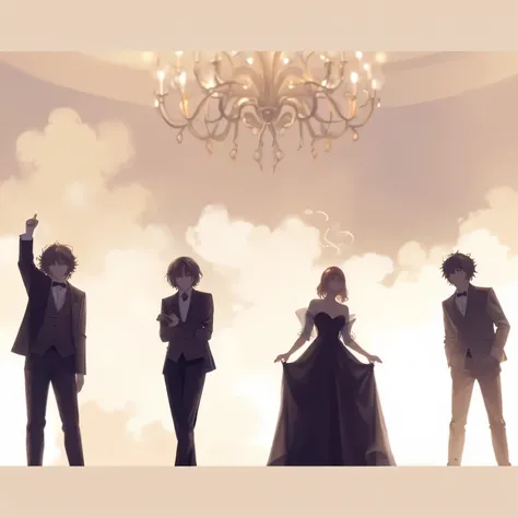 (EyesHD:1.2), masterpiece, best quality, super detailed, very beautiful, sharp concentration, beautiful face,beautiful eyes,
4people,dress code,beautiful,party,gorgeous,smoke,chandelier,