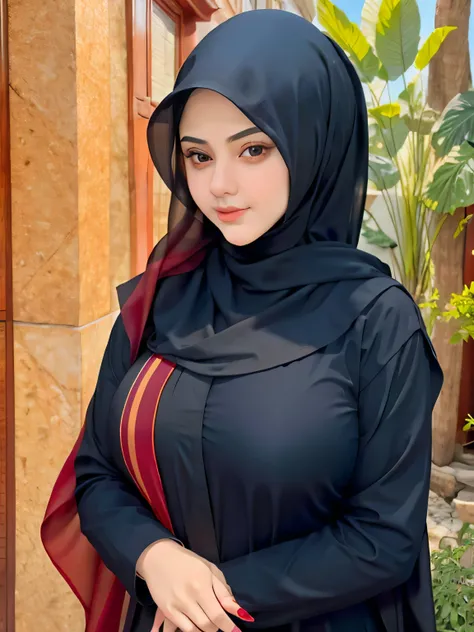 Extremely beautiful white Arab woman, well-defined and expressive dark eyes, dressed in red hijab, black abaya and black niqab with two irregular red stripes.
She is holding in her hands a delicious and appetizing Arabic esfiha.