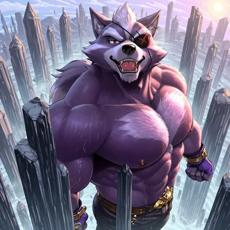 Wolf O'Donnell, Red Eye, Right Eyepatch, Purple Fingerless Gloves, Gold Buckle, pants, half body, arms crossed, shirtless, stern face, looking at viewer