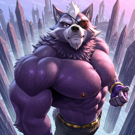 Wolf O'Donnell, Red Eye, Right Eyepatch, Purple Fingerless Gloves, Gold Buckle, pants, half body, arms crossed, shirtless, stern face, looking at viewer