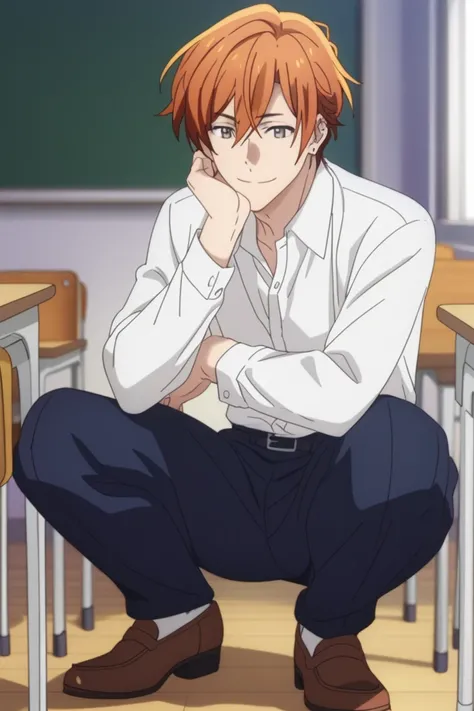 man, un  man, short hair, orange hair brown eyes , navy blue school pants, white school dRess shiRt,    Arrogant smile,  squatting posture, En cuclillas, in a classroom, Sitting on the classroom floor, Anime by Sasaki Shummei, squatting posture  