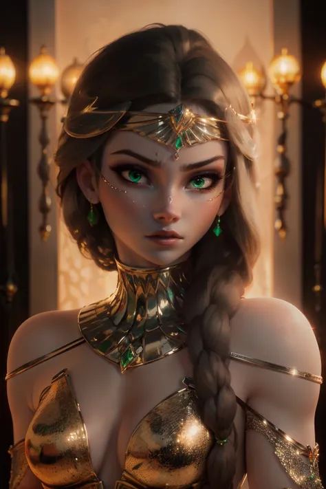 hyper realistic portrait shot of a beautiful egyptian queen, looking down proudly on the camera with her expressive green eyes, tanned skin tone , thin nose , black braided bob hair with golden accessories and jewelries , wearing a white see tough dress