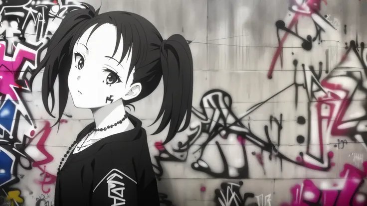 monochrome. gothic theme. Masterpiece , best quality, 1girl, One, necklace, ( graffiti:1.5), splashes of black and white paint , hands behind your back, faces the viewer , looks at the viewer, black and white hair, pigtails, black wall , черно-белое B...