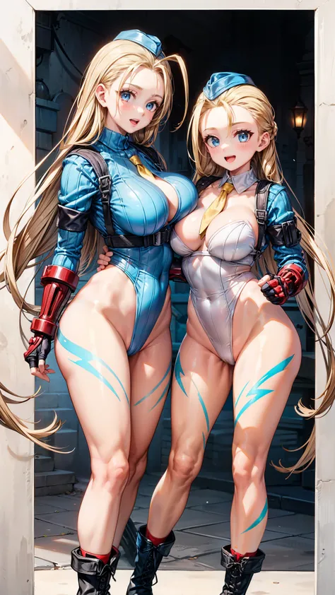 masterpiece、 high quality、smiles、open mouth、(blonde long hair)、( Two Women Standing Side By Side:1.5、big breasts、 SFW Giant 、Leg muscles)、 blue eyes、 cammy white, long hair, blonde hair, antenna hair, garrison cap, blue headwear, blue eyes, scar on cheek, ...