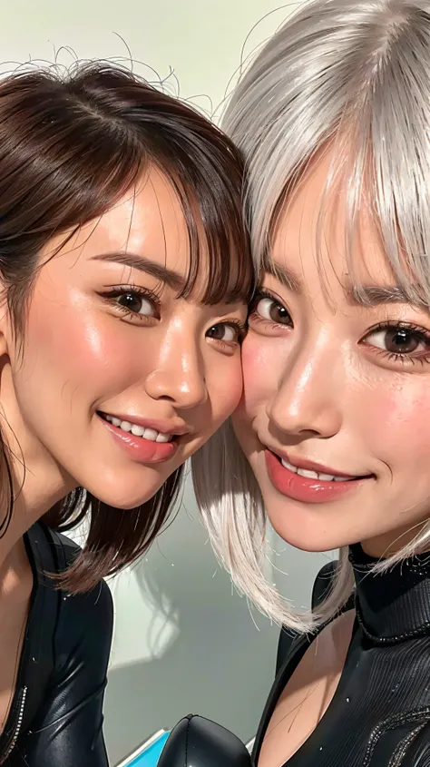 look at me、 ,Full zoom in,face close-up、look at me with a smile 、vision、 two beautiful women 、Looking at Us Closer、looking at us with their faces close to the front、I'm looking at my beautiful platinum-colored hair at an angle 、close ...