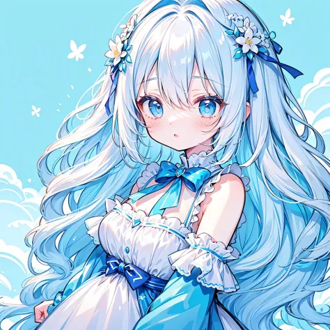 best detail、best quality, super fine, 16k, is unbelievably ridiculous, very detailed, 2.5D, Delicate and Dynamic, A beautiful girl with puffy cheeks and a boring expression is fluffy,  Tiffany Blue. blue to milky white gradation hair color、Disheveled and w...