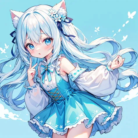 best detail、best quality, super fine, 16k, is unbelievably ridiculous, very detailed, 2.5D, Delicate and Dynamic, A beautiful girl with puffy cheeks and a boring expression is fluffy,  Tiffany Blue. blue to milky white gradation hair color、Disheveled and w...