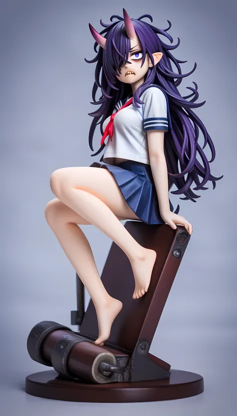 (masterpiece, best quality, amazing quality, very aesthetic, absurdres, newest:1), masterpiece,best quality,amazing quality, pvc style , long hair,dark purple hair, ((messy hair)), hair over one eye,oni horns,bags under eyes , jitome ,half closed eyes,shar...