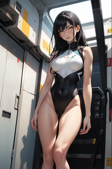 1 girl, black hair, yellow eyes, very long hair, pale skin, fit body, slender body, slim waist, large breasts, (confident expression), pilot suit, red, yellow, blue, thigh gap, bare thighs, show bare legs, leotard, bare arms, 