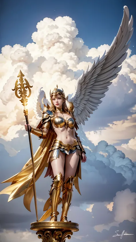 a painting of a woman with a golden angel holding a spear, angelic golden armor, of the angel knight, tall female angel, full-bodied majestic angel , as a mystical valkyrie, The God Athena, mystical valkyrie, anime goddess, Golden Goddess Athena, archan...