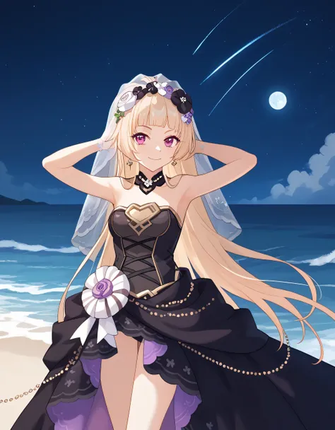 YukiCeremonial, blond hair, long hair, bare shoulders, black dress, bridal veil, black veil, hair flower, strapless dress, game screencap, shiny skin, high quality, solo, night sky, beach, ((hands behind head)), ((contrapposto)), closed mouth, cowboy shot,...