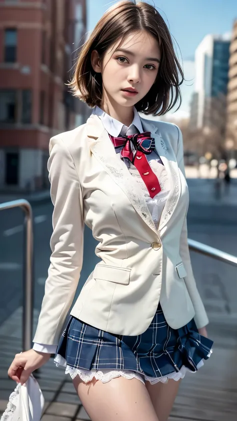 ((High school girl walking in the lakeside park))、(white blazer)、(translucent white blouse、red bow tie、dark blue checked skirt). 40k, photograph, table top, highest quality, dark gray background, ((beautiful eyes、One girl with wet brown light hair and shor...