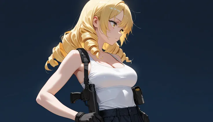 ((masterpiece, best quality, amazing quality, very aesthetic, newest, realism, hyper-detailed, beautiful, cinematic)) 1girl, medium breasts, solo, dark blue background, yellow Hair Drills, white tank-top, look away, lifting a pistol gun, long Hair Drills, ...