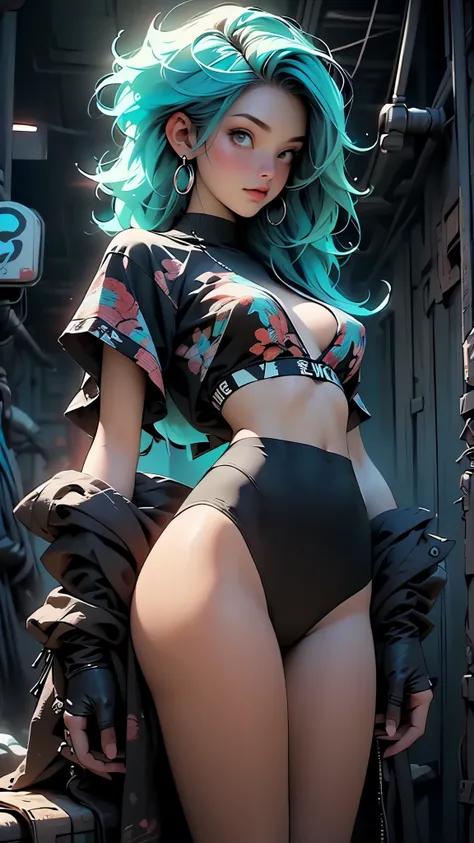 ((Best Quality)), ((Masterpiece)), ((Realistic)) and ultra-detailed photography of a 1nerdy girl with goth and neon colors. She has ((turquoise hair)), wears a (tech-wear top) and a (black thong, red pattern:1.2) , ((beautiful and aesthetic)), sexy, under-...