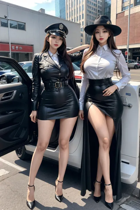  poses in a city police car , photo，Sexy bulge, police officials, wear, Bobby, official, , Full set of clothing, Female Sheriff,  K-pop idol ，Tight，Hips Wrapping Skirts，Tight hip skirt，high heels，Pear-Shaped Body，blue eyes，Double eyelid long lashes ， sexy ...