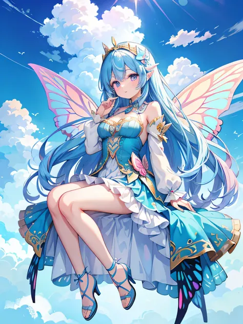 Concise Prompts:

Fairy, large butterfly wings, blue and pink hair, clouds.
Anime fairy, ornate wings, blue dress, sitting on clouds.
Blue-haired fairy, elaborate wings, fantasy dress, sky background.
Slightly More Descriptive Prompts:

Fairy with large, d...